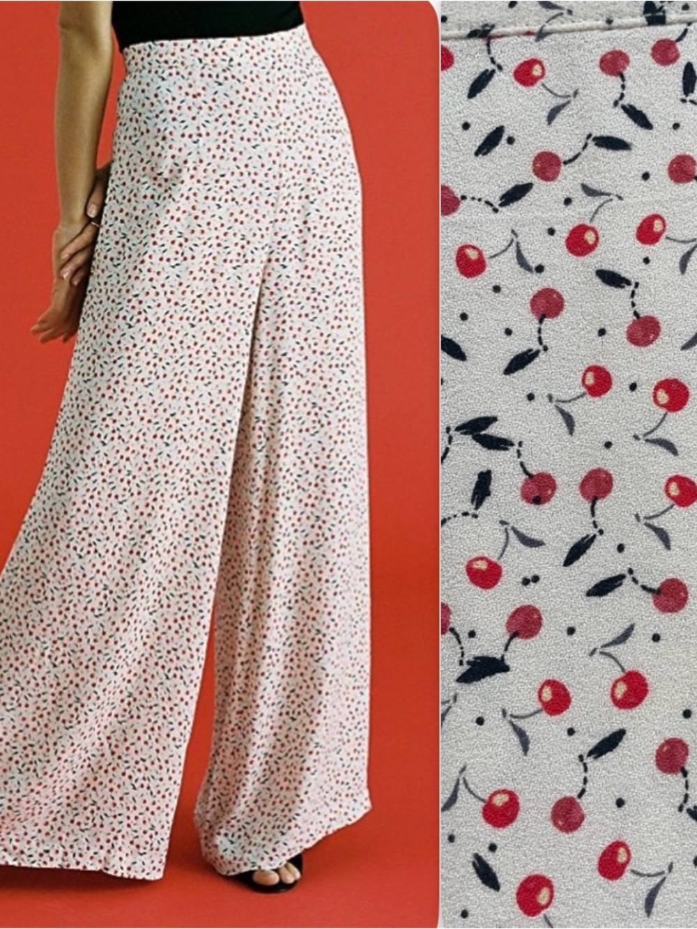 Free People Easy Peasy Cherry Printed Flowy Wide Leg Pants Size 4 Girlhoodcore